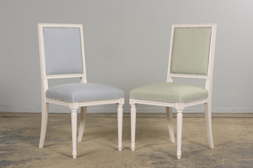 French Louis XVI Style Painted Dining Chairs in Blue & Green Stripe, Set of 6