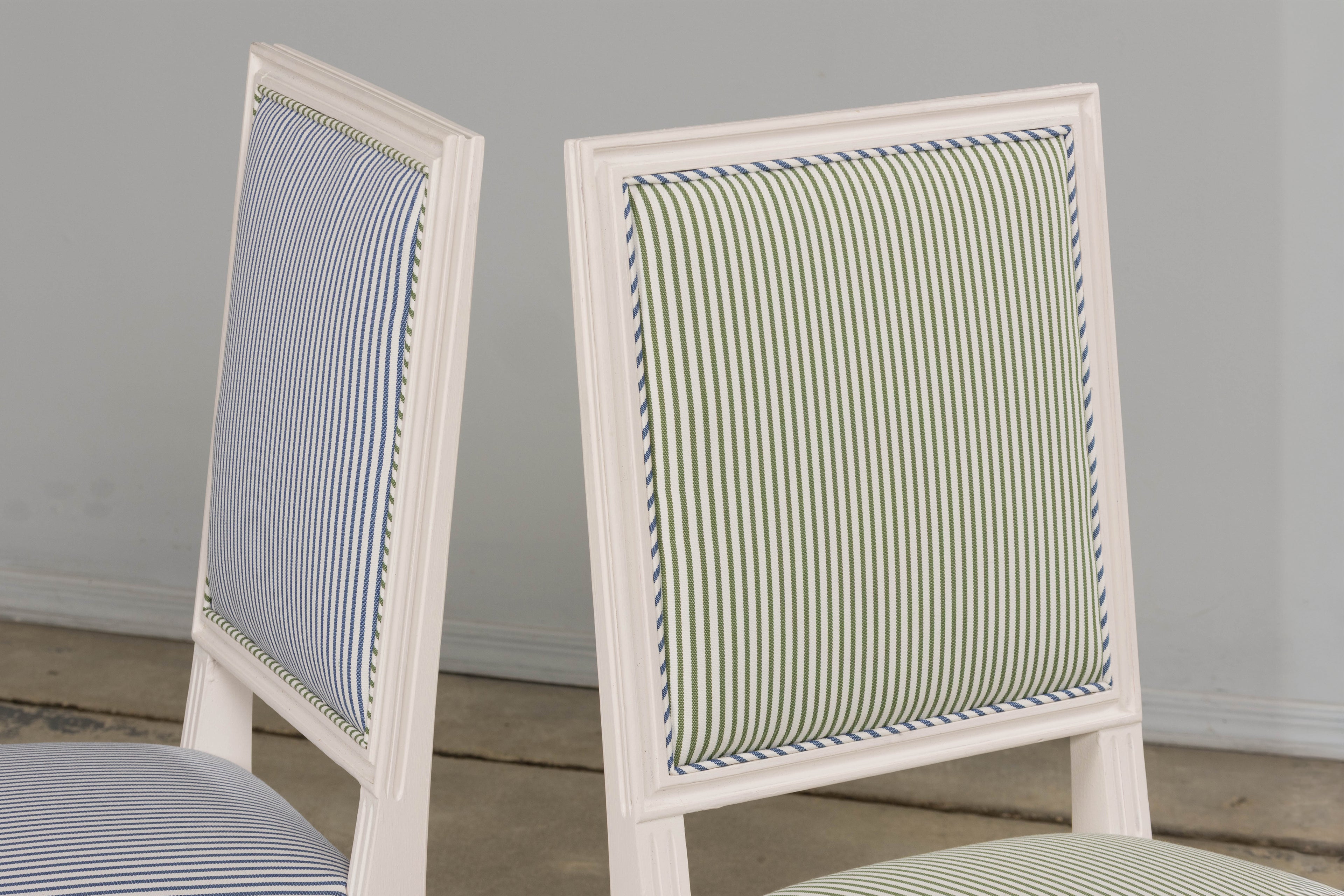 French Louis XVI Style Painted Dining Chairs in Blue & Green Stripe, Set of 6