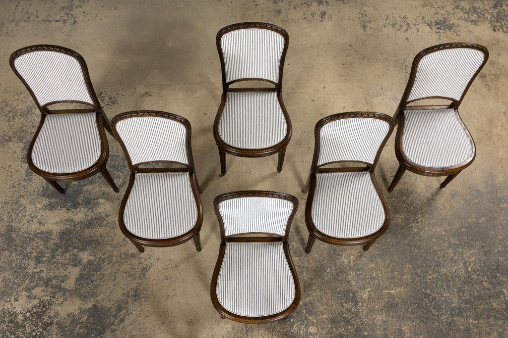 French Louis XVI Style Walnut Dining Chairs, Blue Striped Linen Upholstery – Set of 6