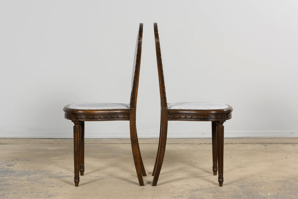 French Louis XVI Style Walnut Dining Chairs, Blue Striped Linen Upholstery – Set of 6