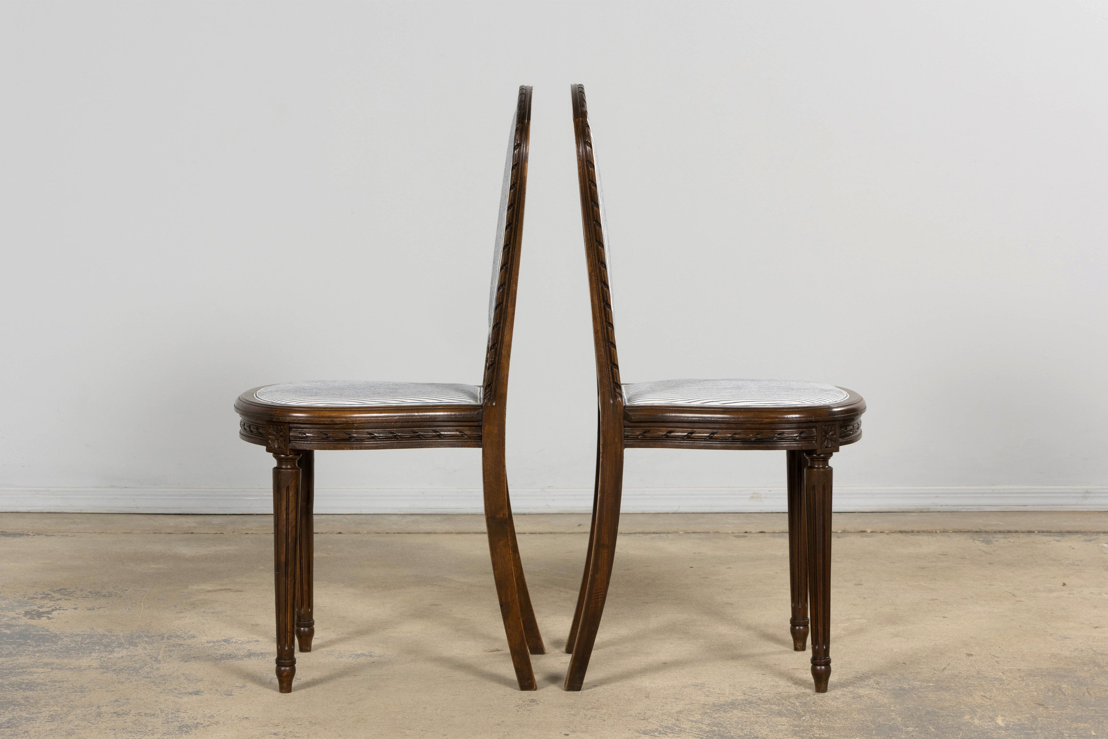 French Louis XVI Style Walnut Dining Chairs, Blue Striped Linen Upholstery – Set of 6