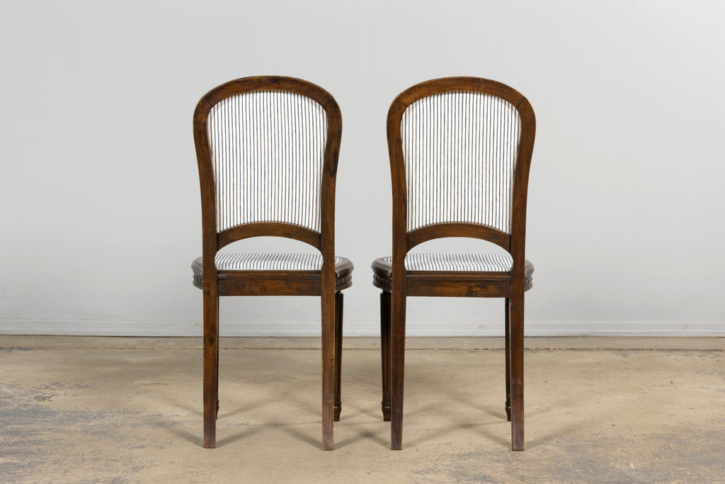French Louis XVI Style Walnut Dining Chairs, Blue Striped Linen Upholstery – Set of 6