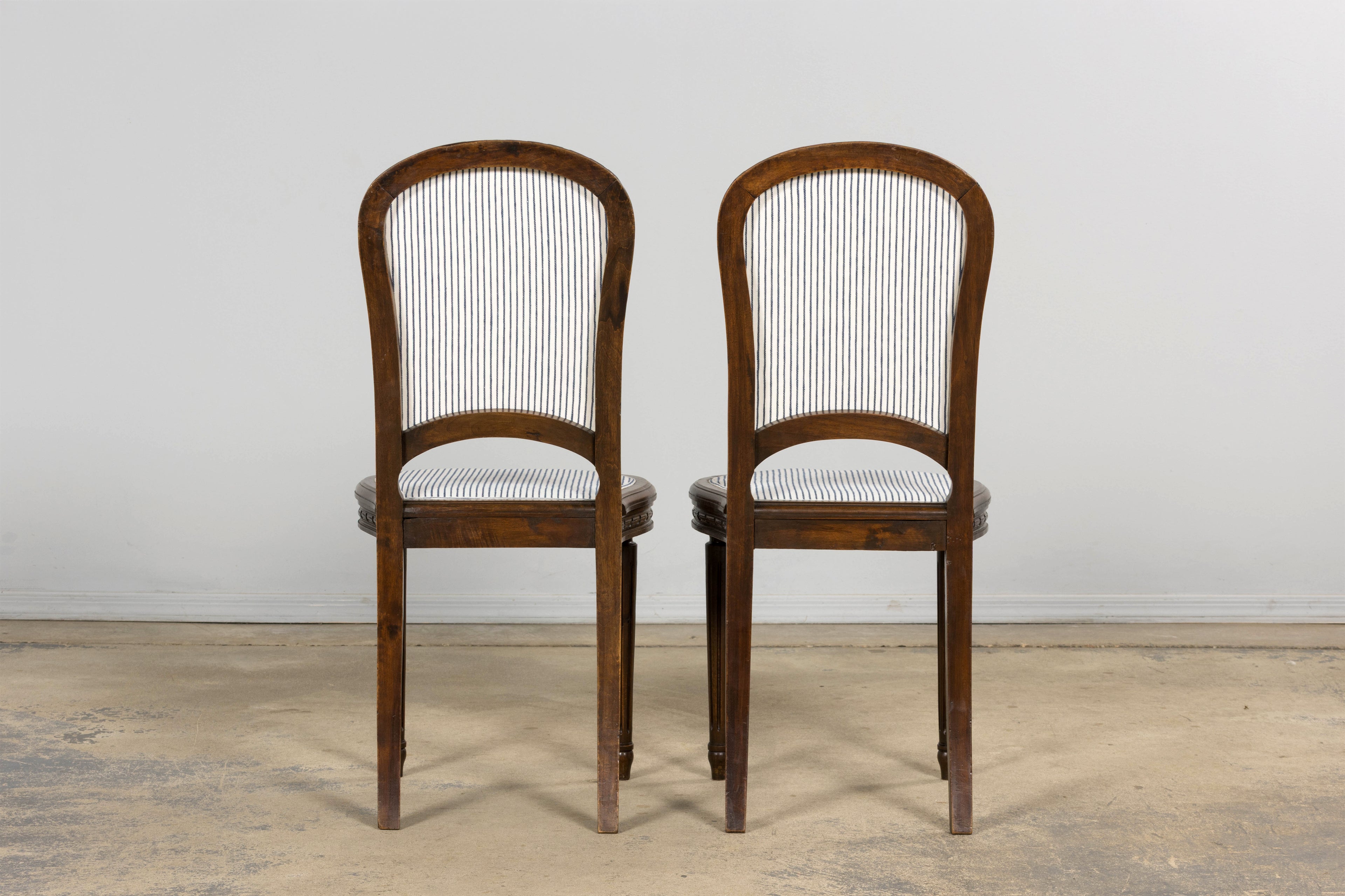 French Louis XVI Style Walnut Dining Chairs, Blue Striped Linen Upholstery – Set of 6