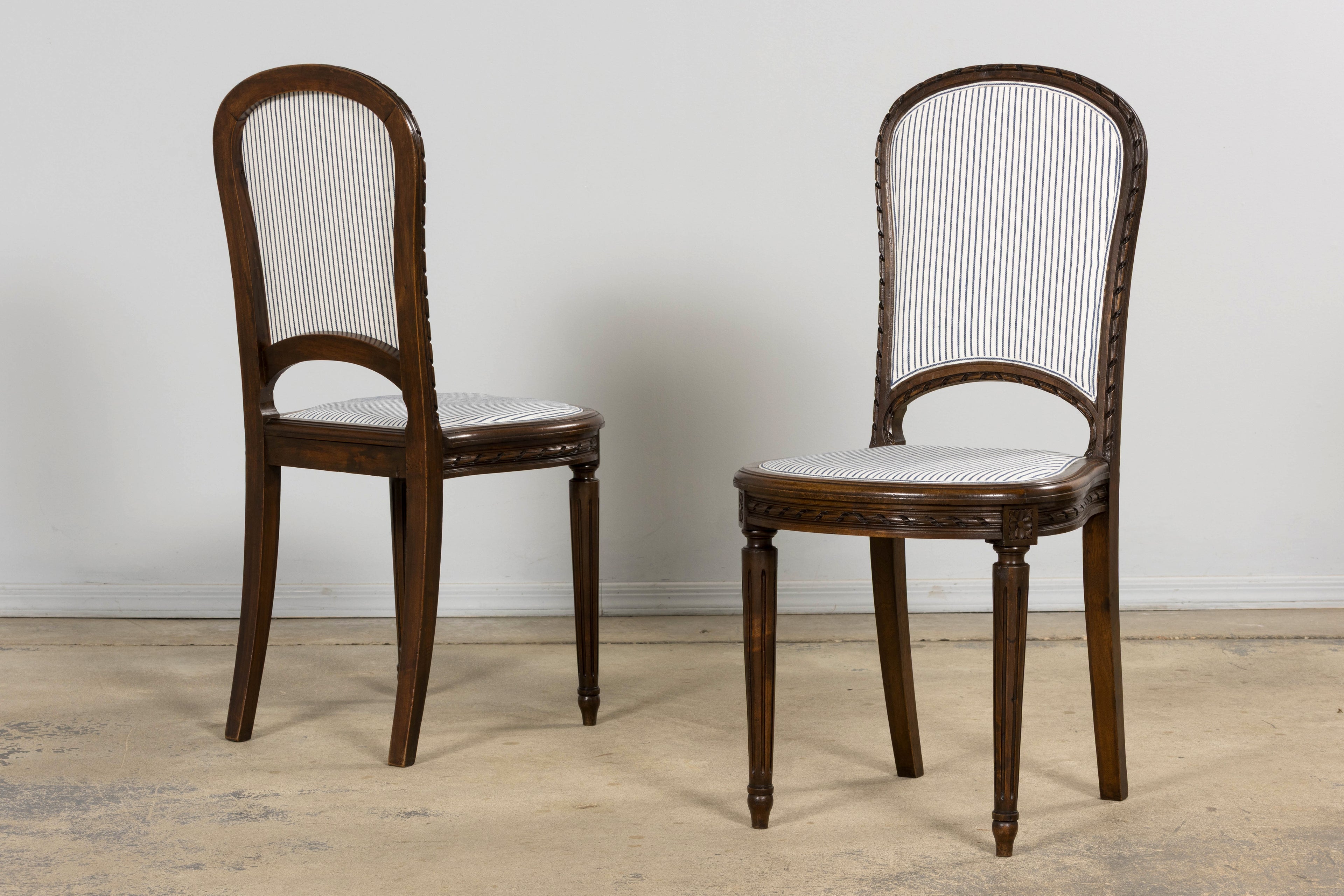 French Louis XVI Style Walnut Dining Chairs, Blue Striped Linen Upholstery – Set of 6