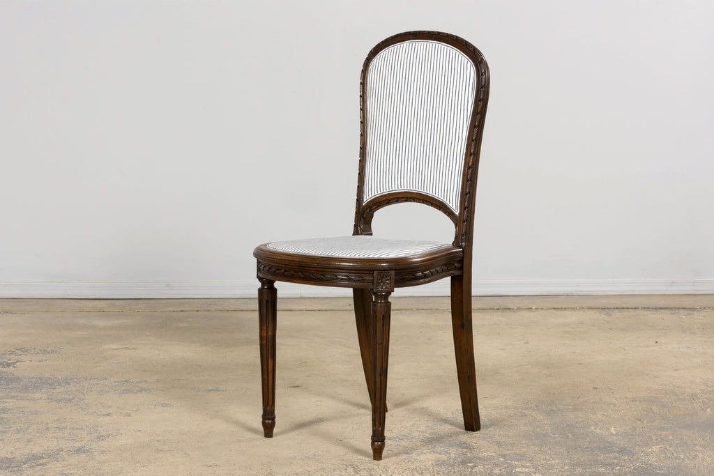 French Louis XVI Style Walnut Dining Chairs, Blue Striped Linen Upholstery – Set of 6