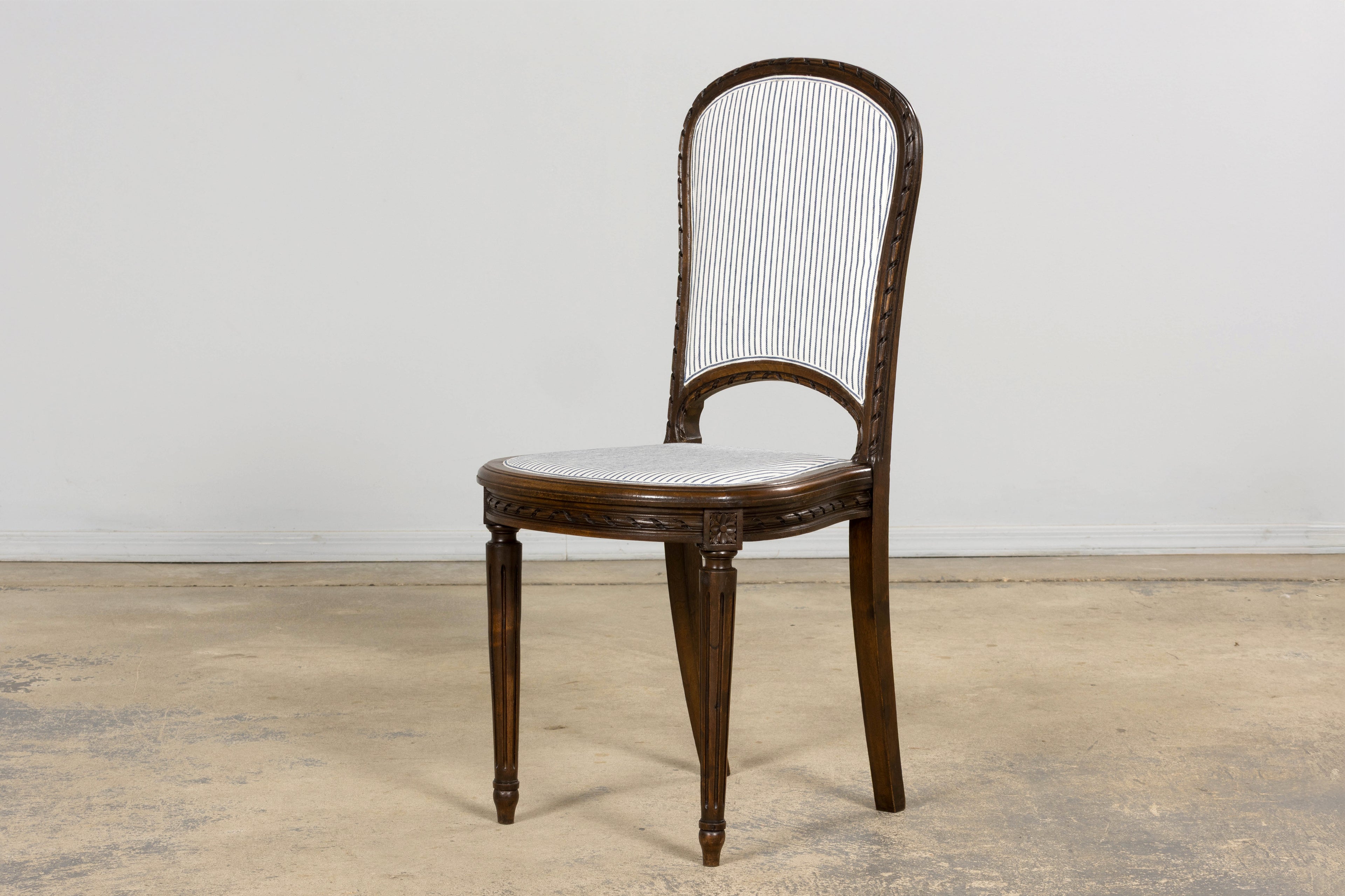 French Louis XVI Style Walnut Dining Chairs, Blue Striped Linen Upholstery – Set of 6