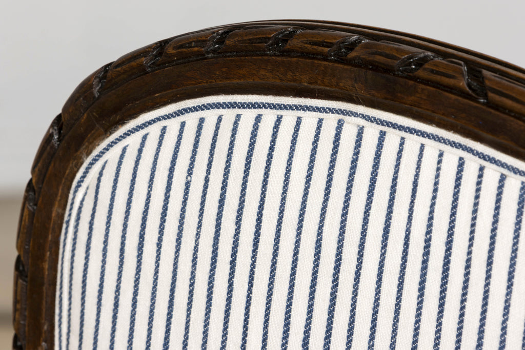 French Louis XVI Style Walnut Dining Chairs, Blue Striped Linen Upholstery – Set of 6