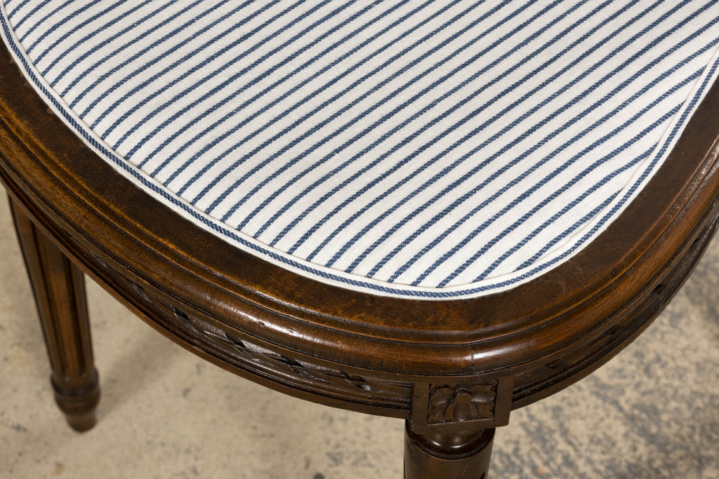 French Louis XVI Style Walnut Dining Chairs, Blue Striped Linen Upholstery – Set of 6