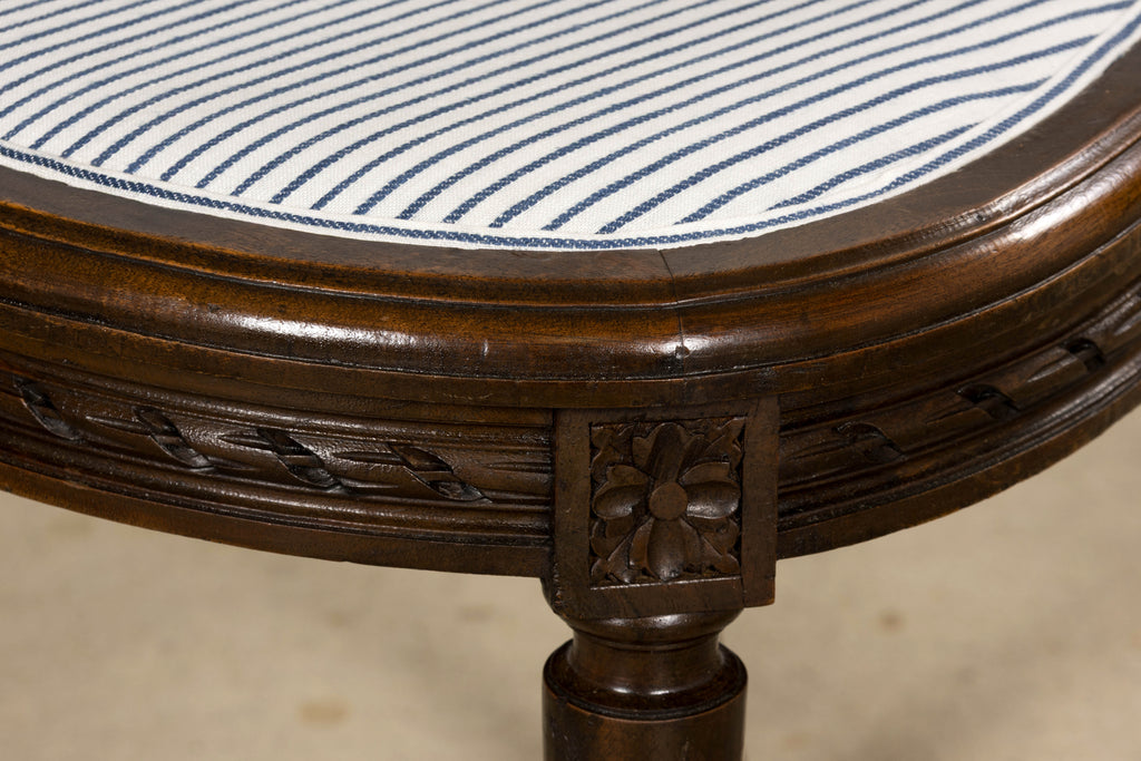 French Louis XVI Style Walnut Dining Chairs, Blue Striped Linen Upholstery – Set of 6