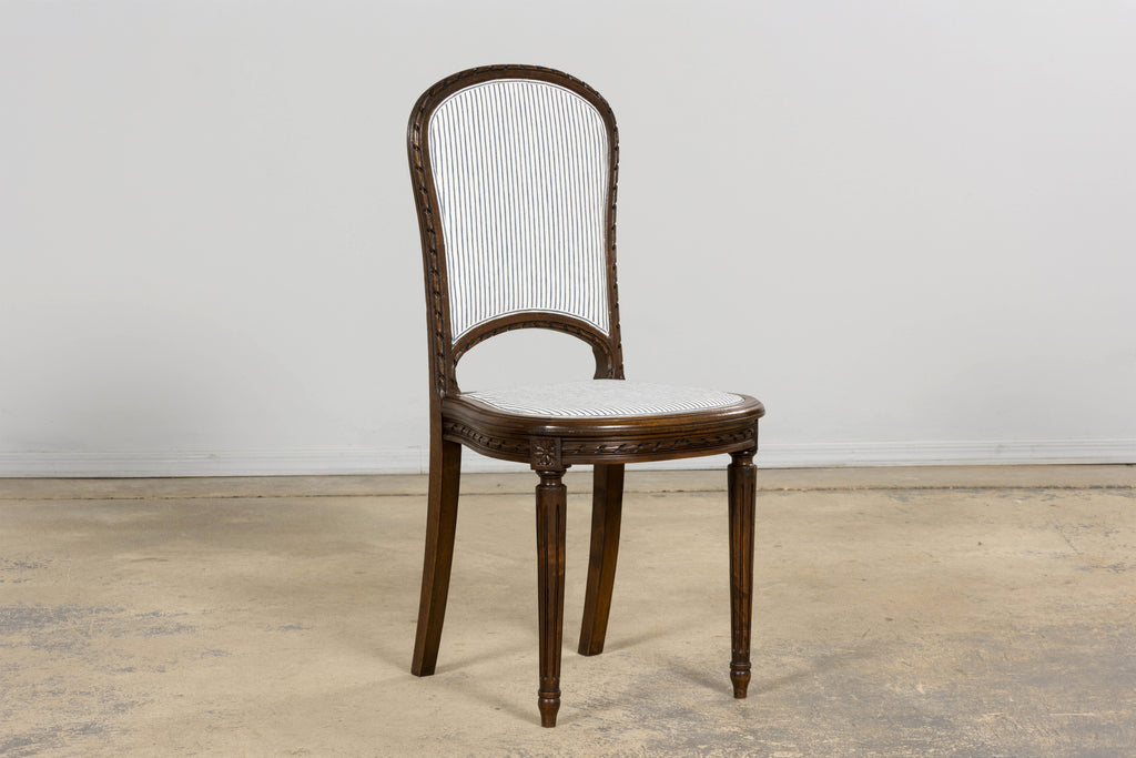 French Louis XVI Style Walnut Dining Chairs, Blue Striped Linen Upholstery – Set of 6
