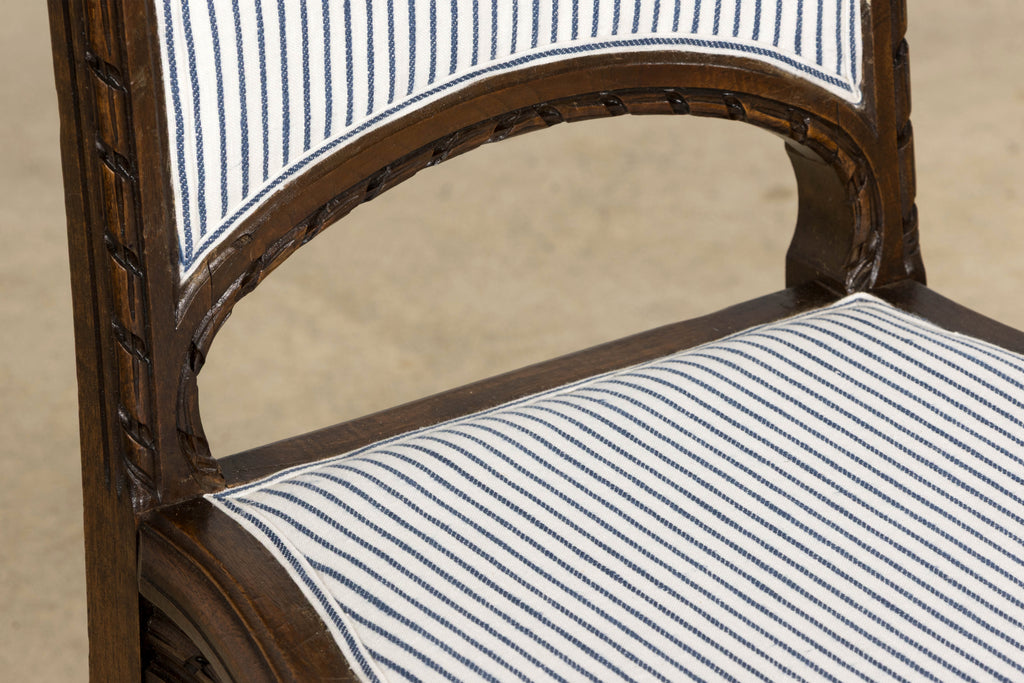 French Louis XVI Style Walnut Dining Chairs, Blue Striped Linen Upholstery – Set of 6