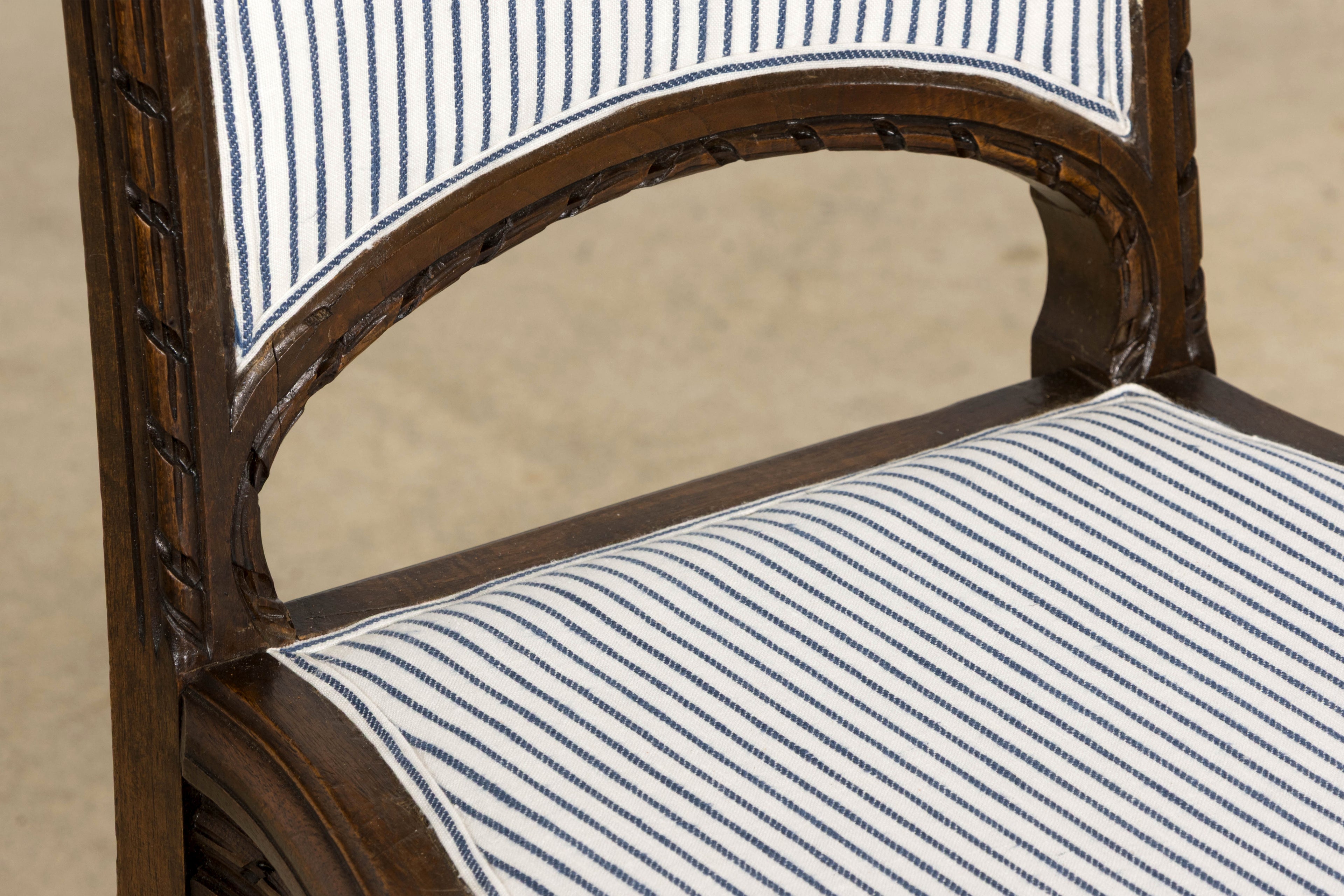 French Louis XVI Style Walnut Dining Chairs, Blue Striped Linen Upholstery – Set of 6