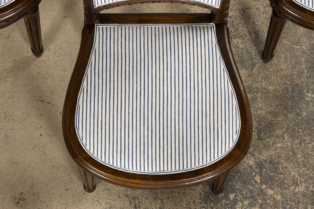 French Louis XVI Style Walnut Dining Chairs, Blue Striped Linen Upholstery – Set of 6