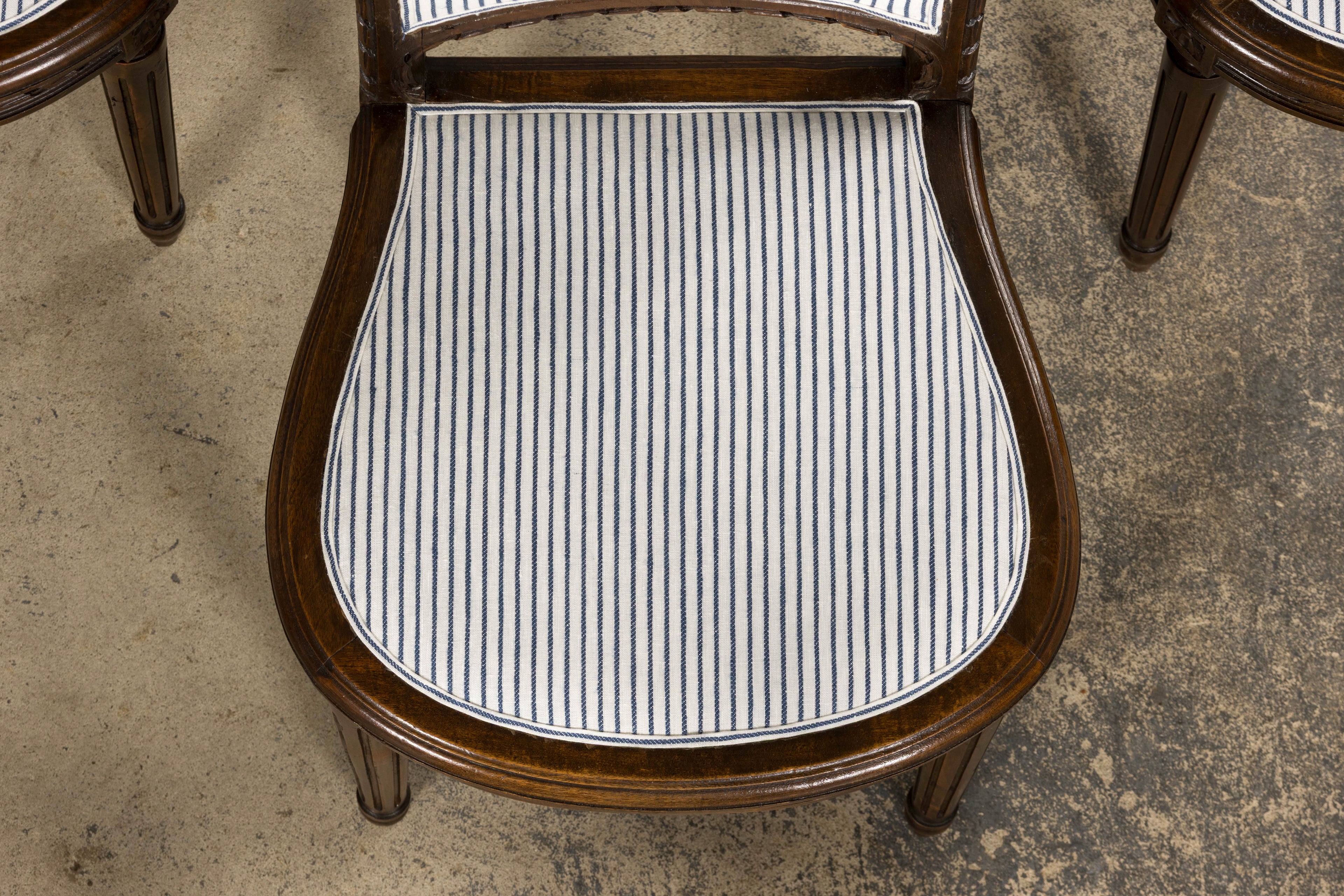 French Louis XVI Style Walnut Dining Chairs, Blue Striped Linen Upholstery – Set of 6