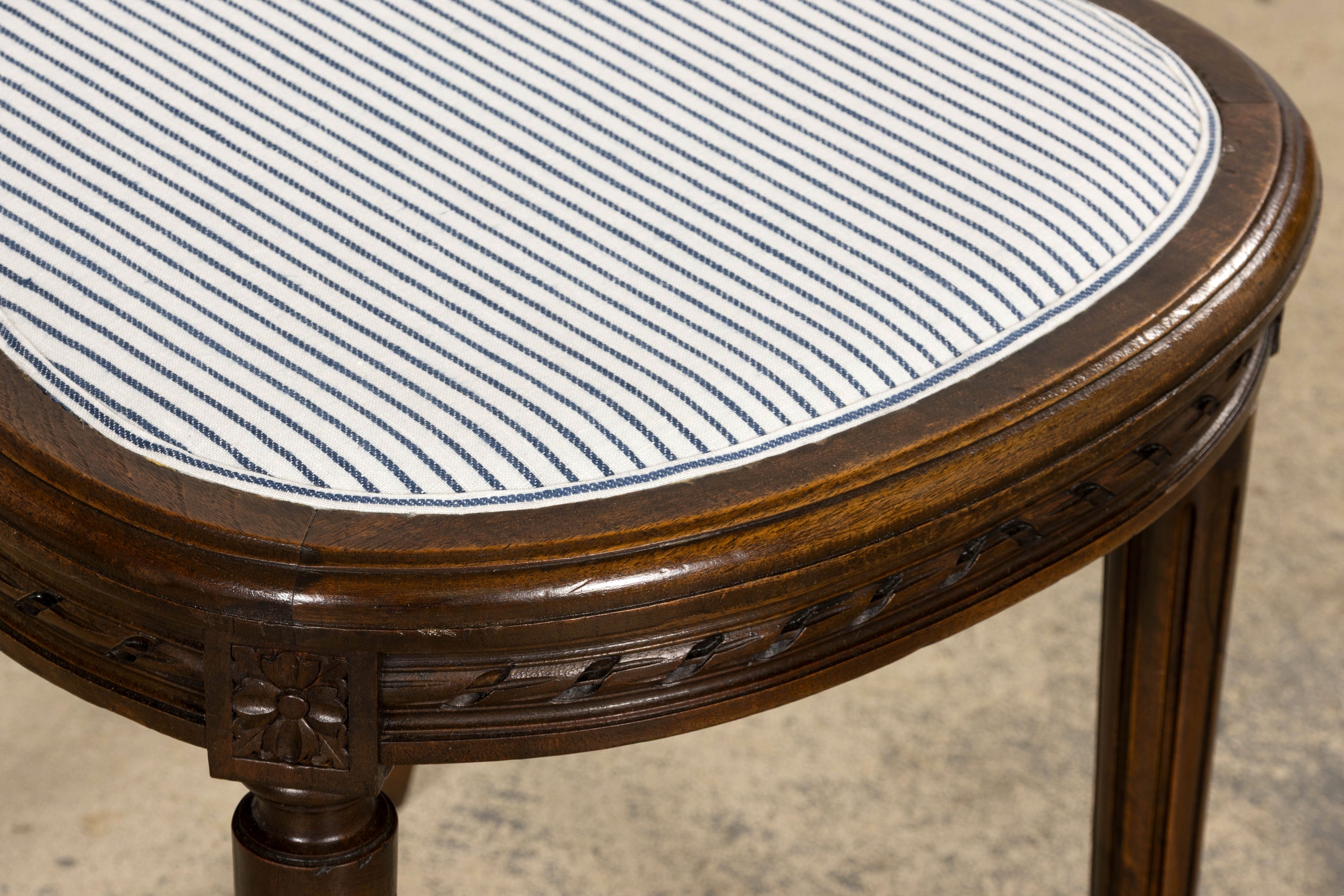 French Louis XVI Style Walnut Dining Chairs, Blue Striped Linen Upholstery – Set of 6