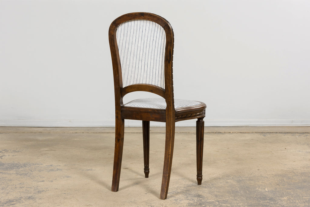 French Louis XVI Style Walnut Dining Chairs, Blue Striped Linen Upholstery – Set of 6
