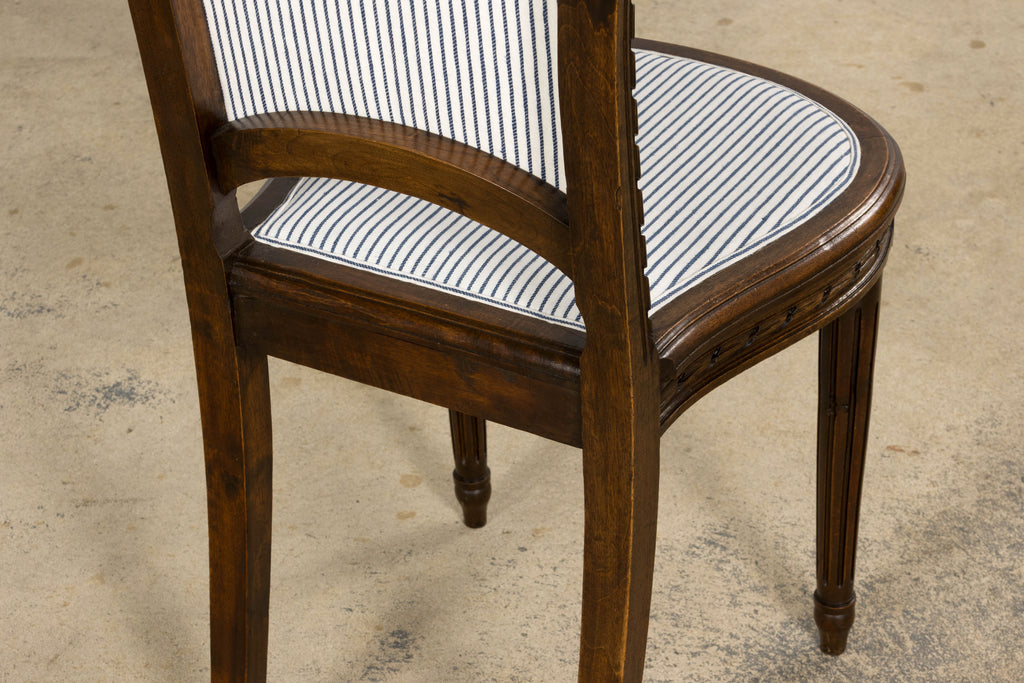 French Louis XVI Style Walnut Dining Chairs, Blue Striped Linen Upholstery – Set of 6