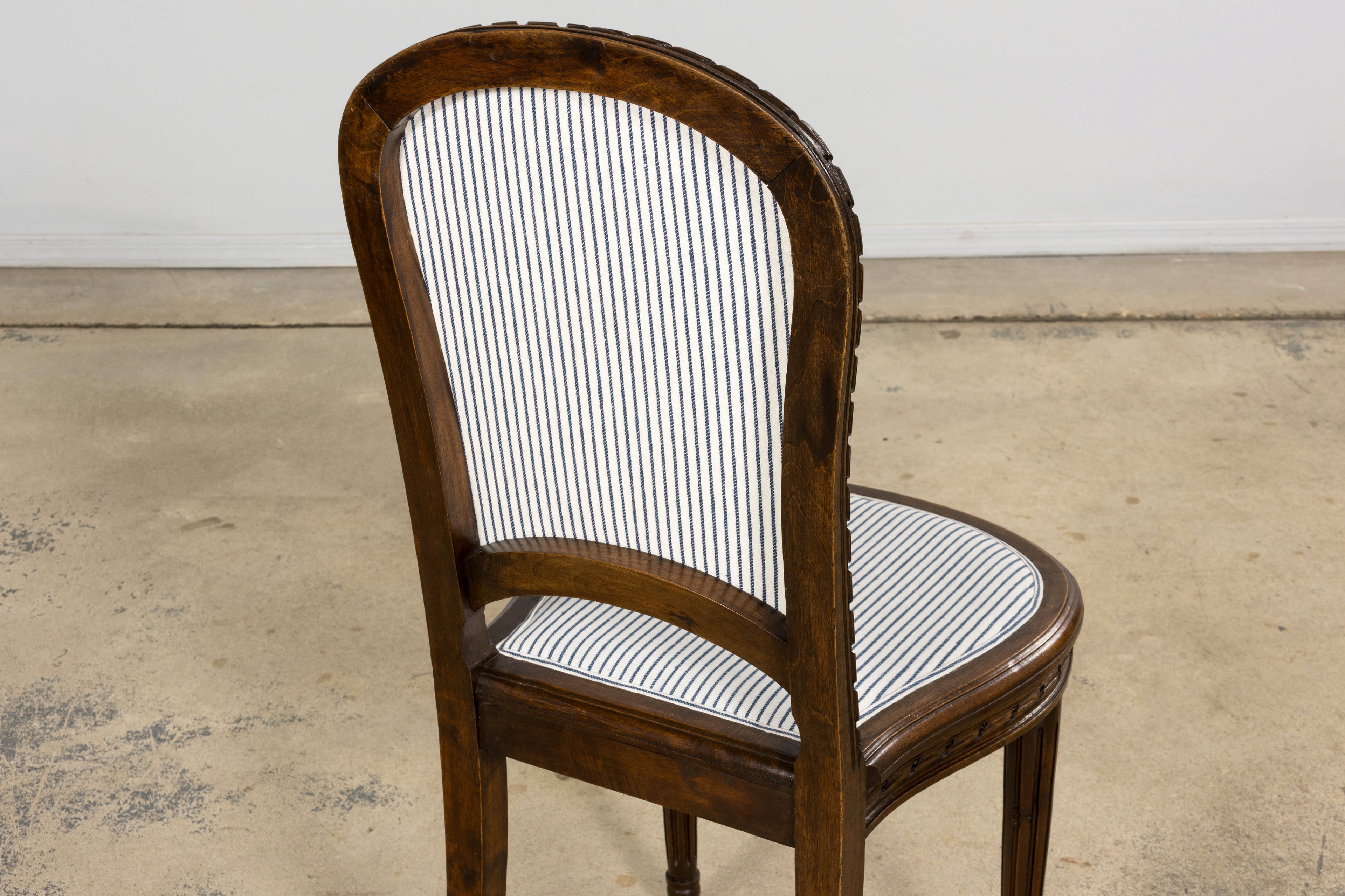 French Louis XVI Style Walnut Dining Chairs, Blue Striped Linen Upholstery – Set of 6