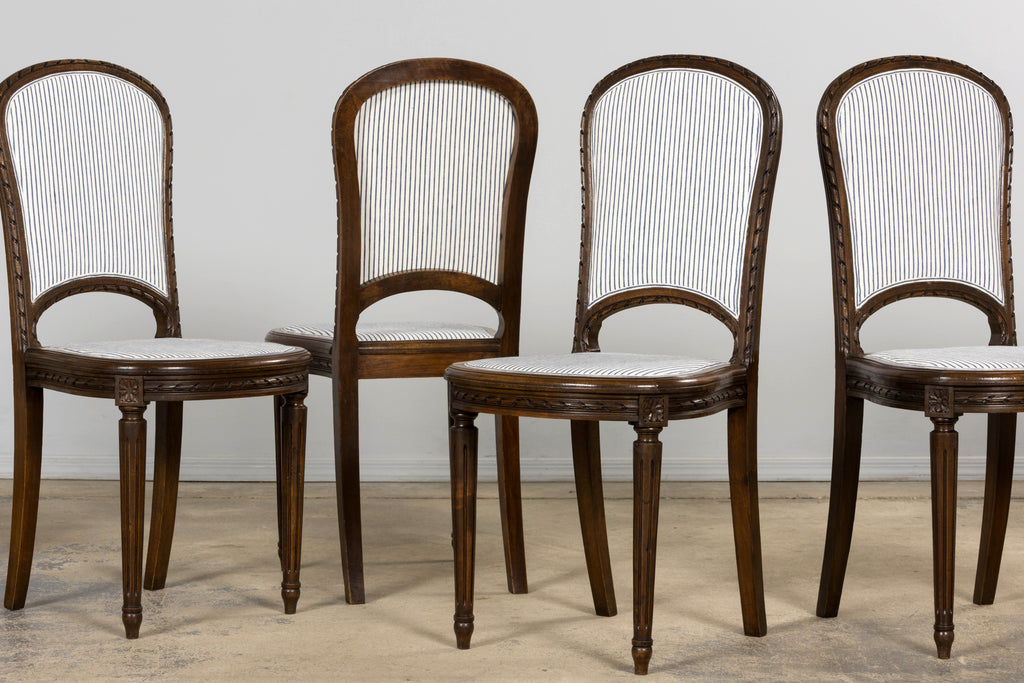 French Louis XVI Style Walnut Dining Chairs, Blue Striped Linen Upholstery – Set of 6