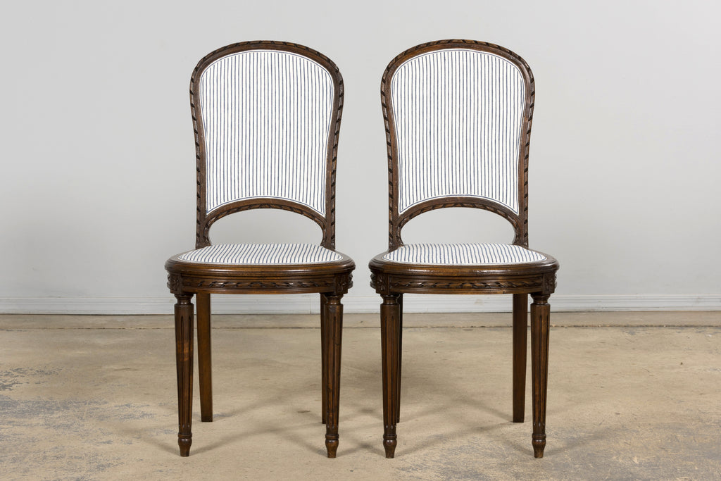French Louis XVI Style Walnut Dining Chairs, Blue Striped Linen Upholstery – Set of 6