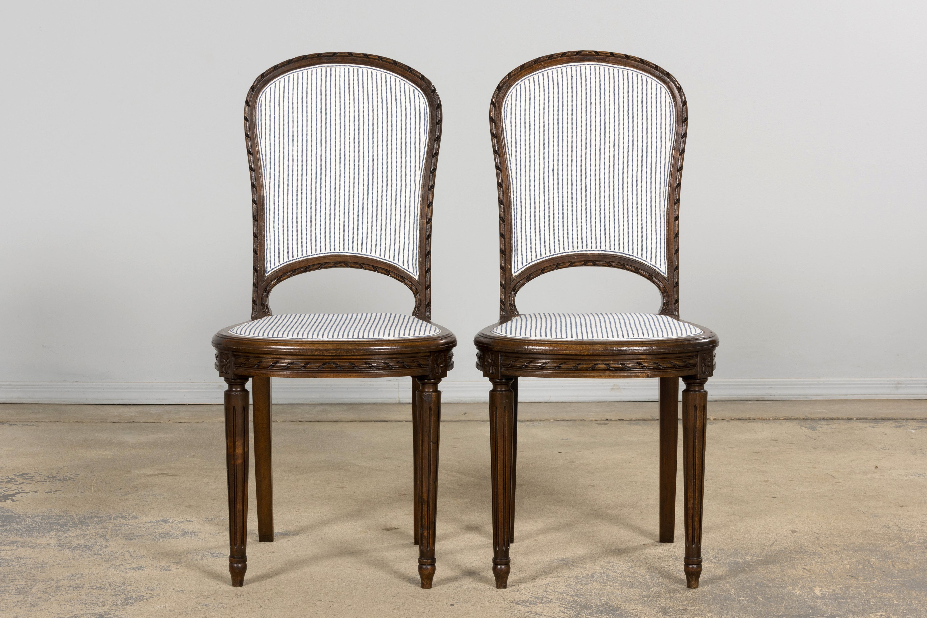 French Louis XVI Style Walnut Dining Chairs, Blue Striped Linen Upholstery – Set of 6