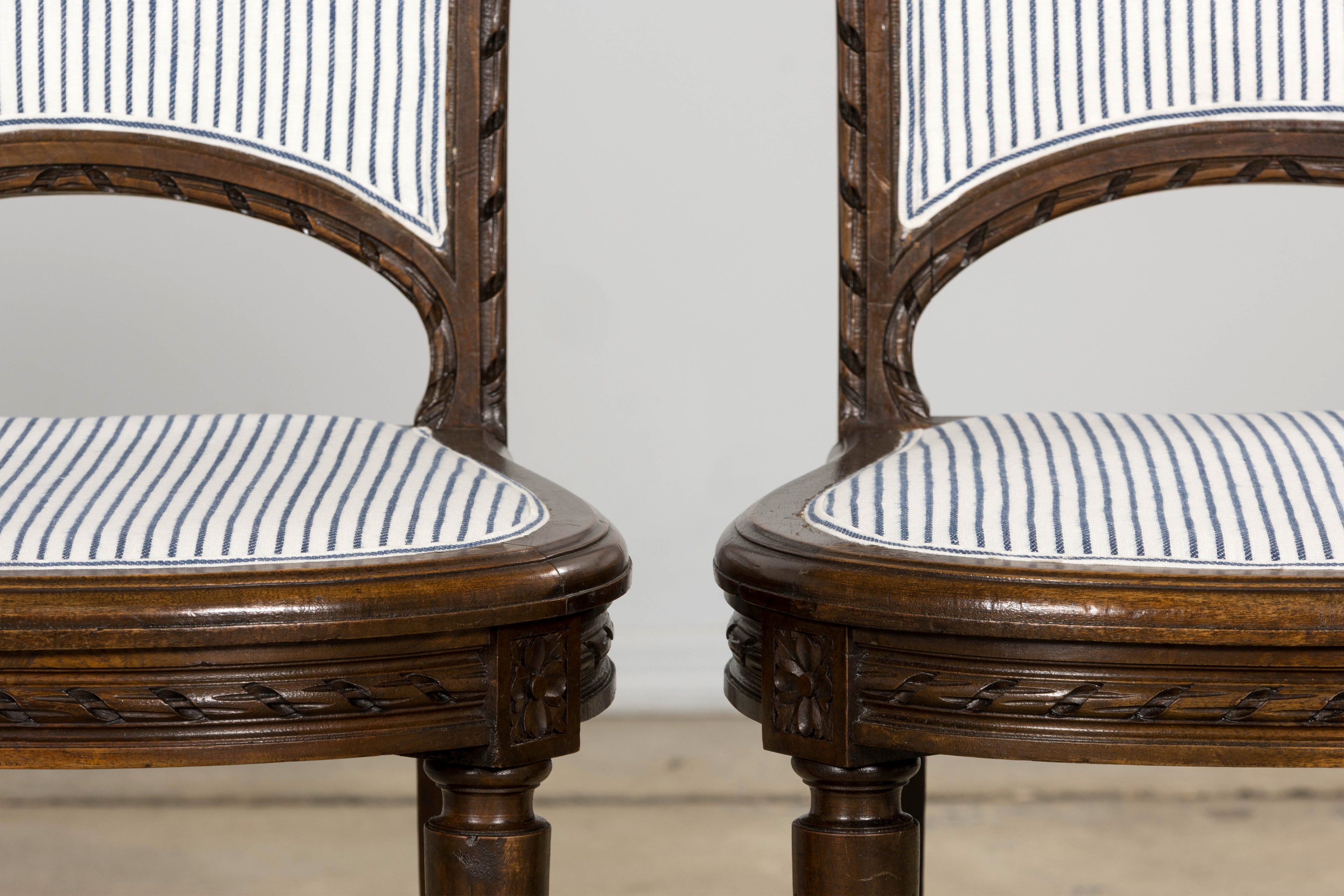 French Louis XVI Style Walnut Dining Chairs, Blue Striped Linen Upholstery – Set of 6