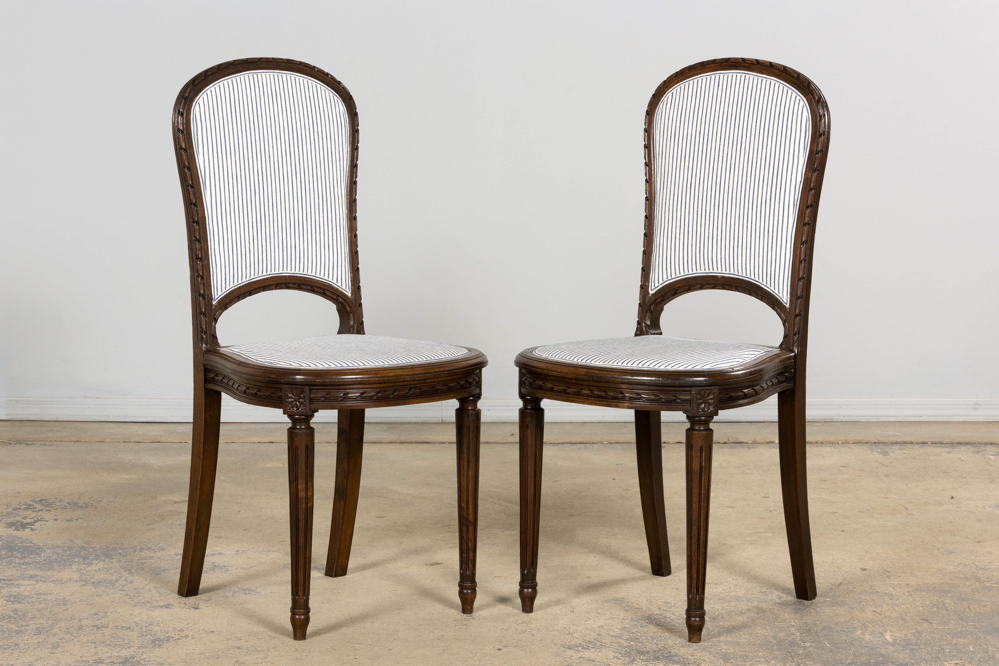 French Louis XVI Style Walnut Dining Chairs, Blue Striped Linen Upholstery – Set of 6