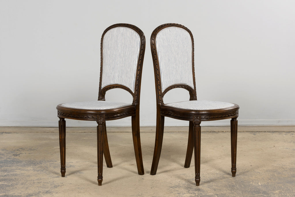 French Louis XVI Style Walnut Dining Chairs, Blue Striped Linen Upholstery – Set of 6