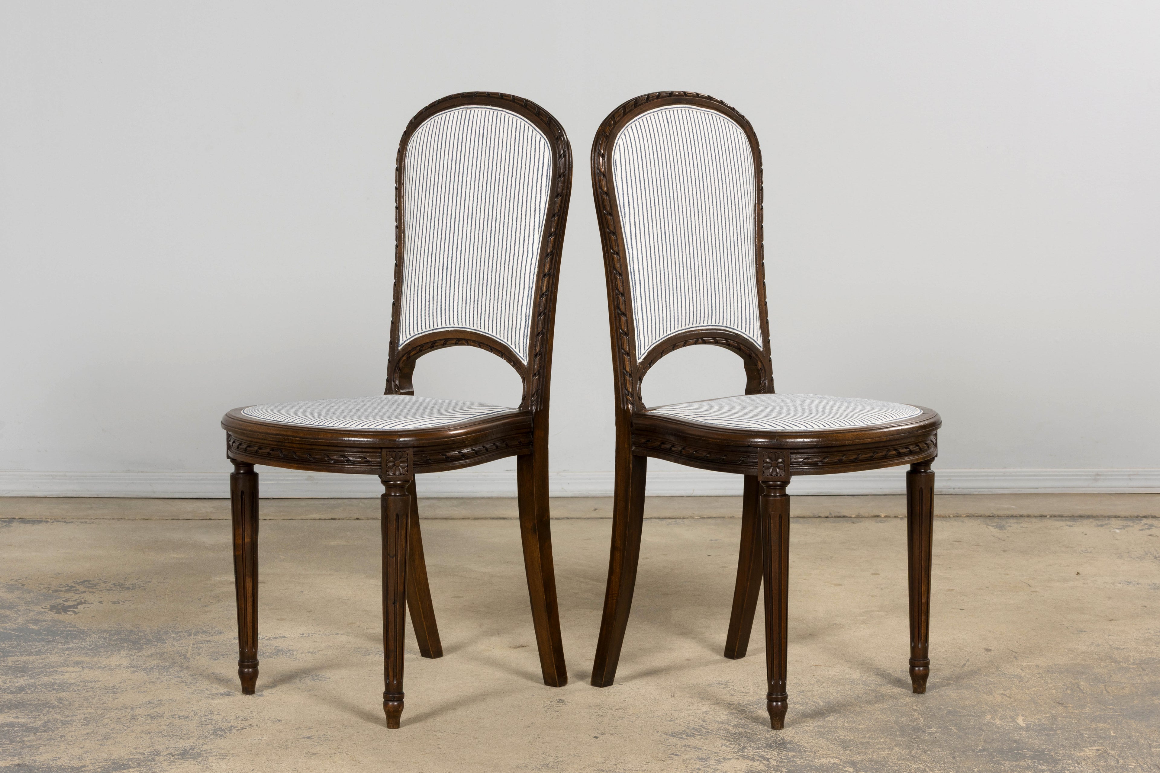 French Louis XVI Style Walnut Dining Chairs, Blue Striped Linen Upholstery – Set of 6
