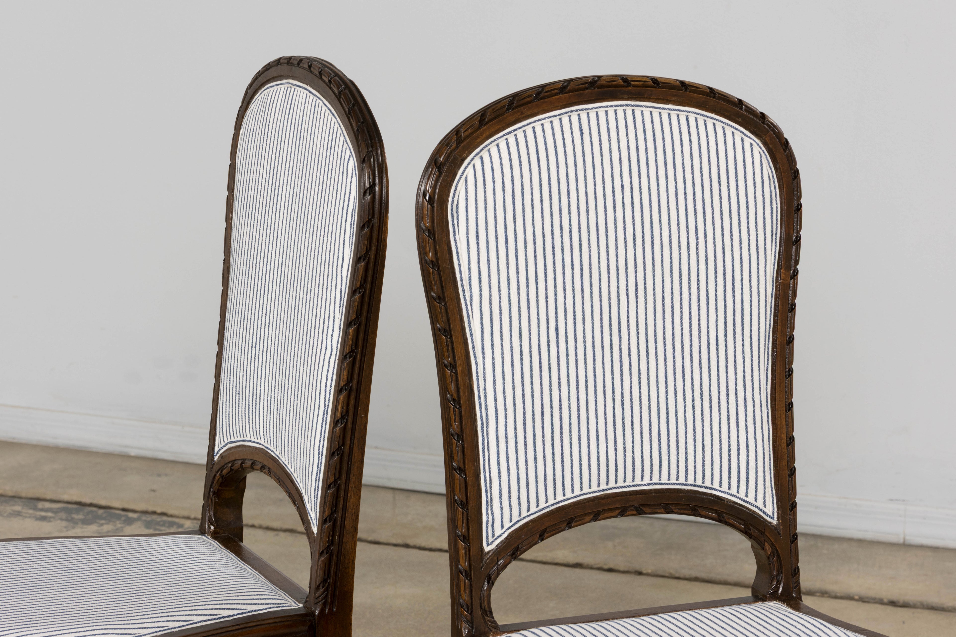 French Louis XVI Style Walnut Dining Chairs, Blue Striped Linen Upholstery – Set of 6