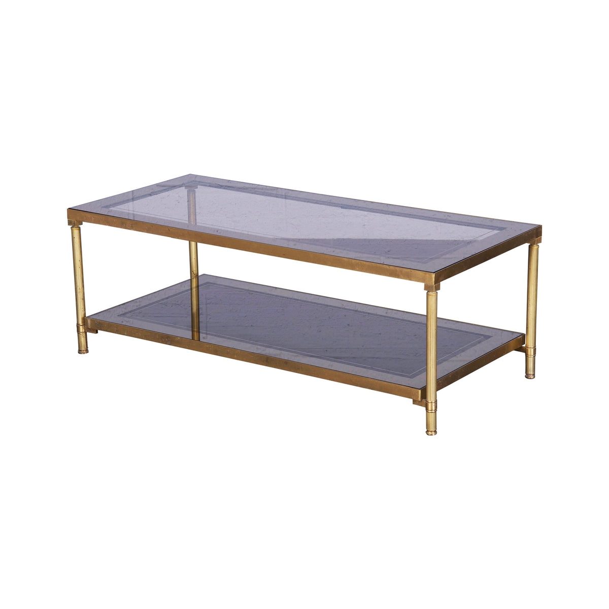 French Neoclassical Style Brass Coffee Table W/ Mirrored Smoked Glass Top