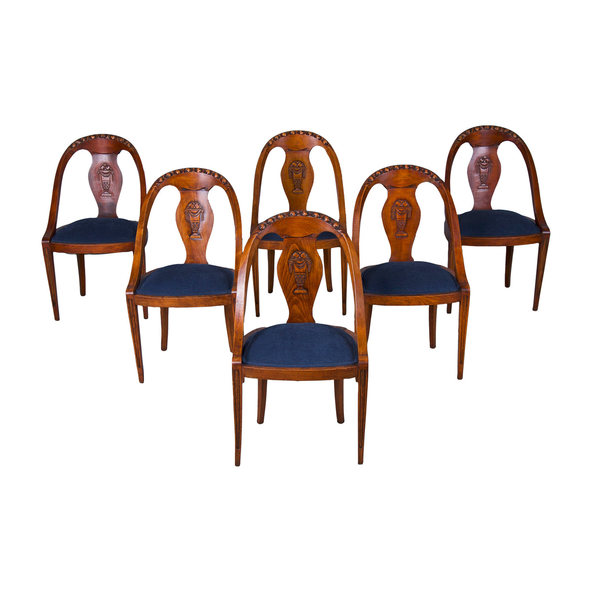 French Neoclassical Style Gondola Maple Dining Chairs W/ Dark Blue Chenille - Set of 6