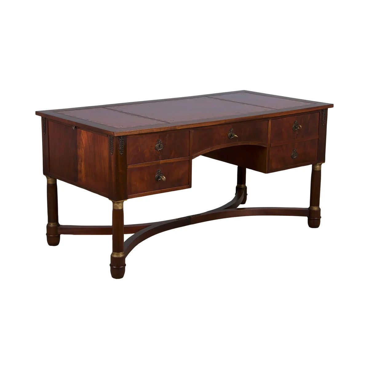 French Empire Style Mahogany Writing Desk W/ Red Leather Top