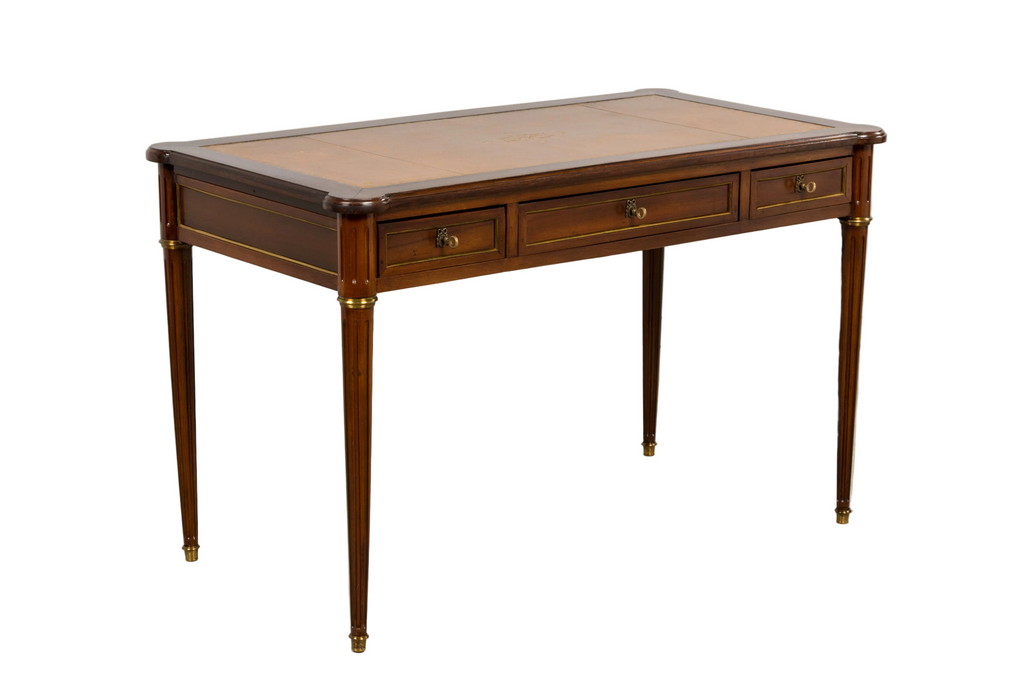 French Louis XVI Style Mahogany Writing Desk W/ Cognac Leather Top