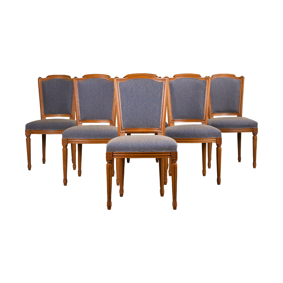 French Louis XVI Style Maple Dining Chairs W/ Blue Woven Fabric- Set of 6