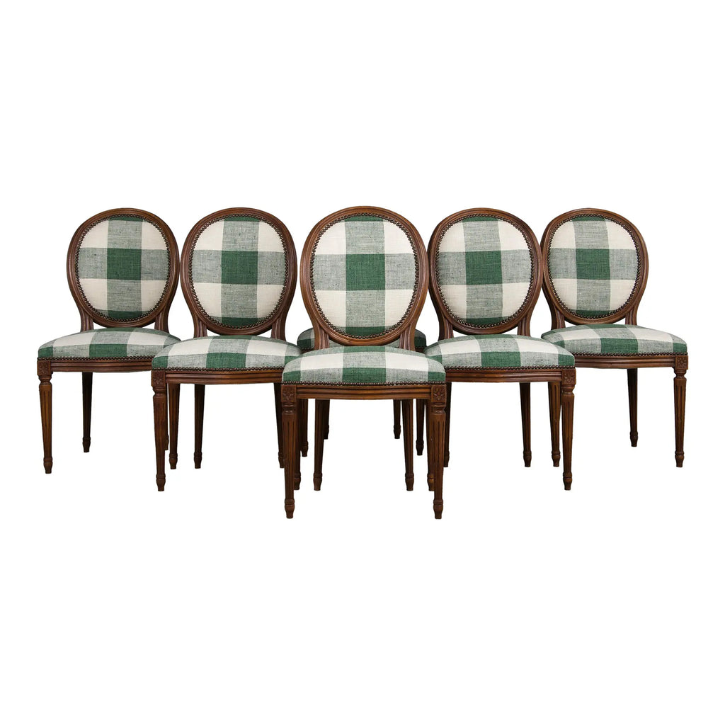 French Louis XVI Style Maple Dining Chairs W/ Green Plaid Fabric - Set of 6