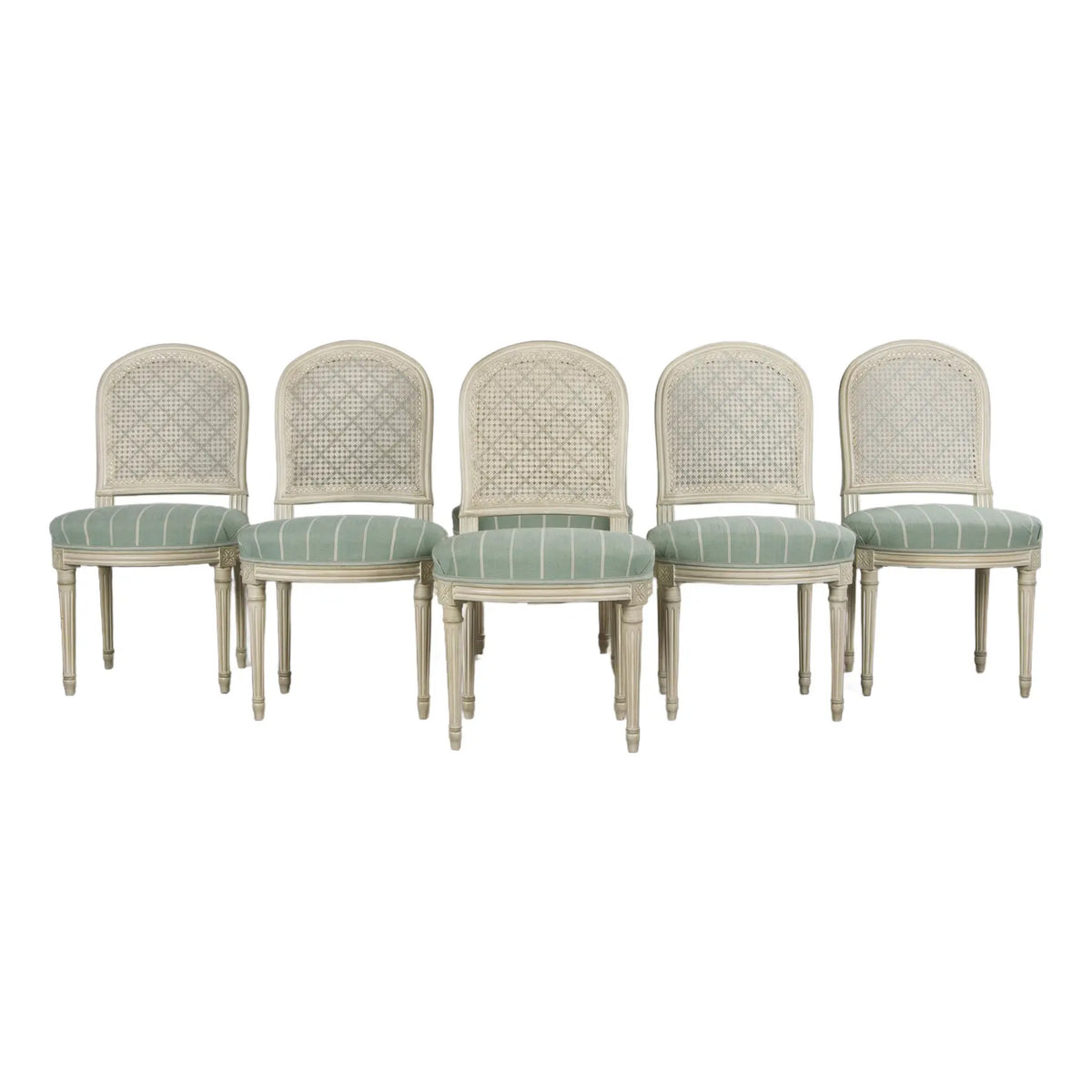French Louis XVI Style Painted Cane Back Dining Chairs W/ Mint Fabric - Set of 6