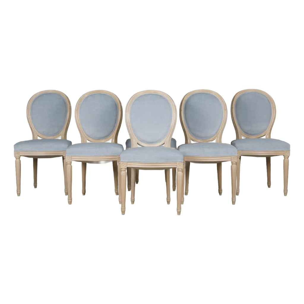French Louis XVI Style Painted Dining Chairs W/ Light Blue Velvet - Set of 6