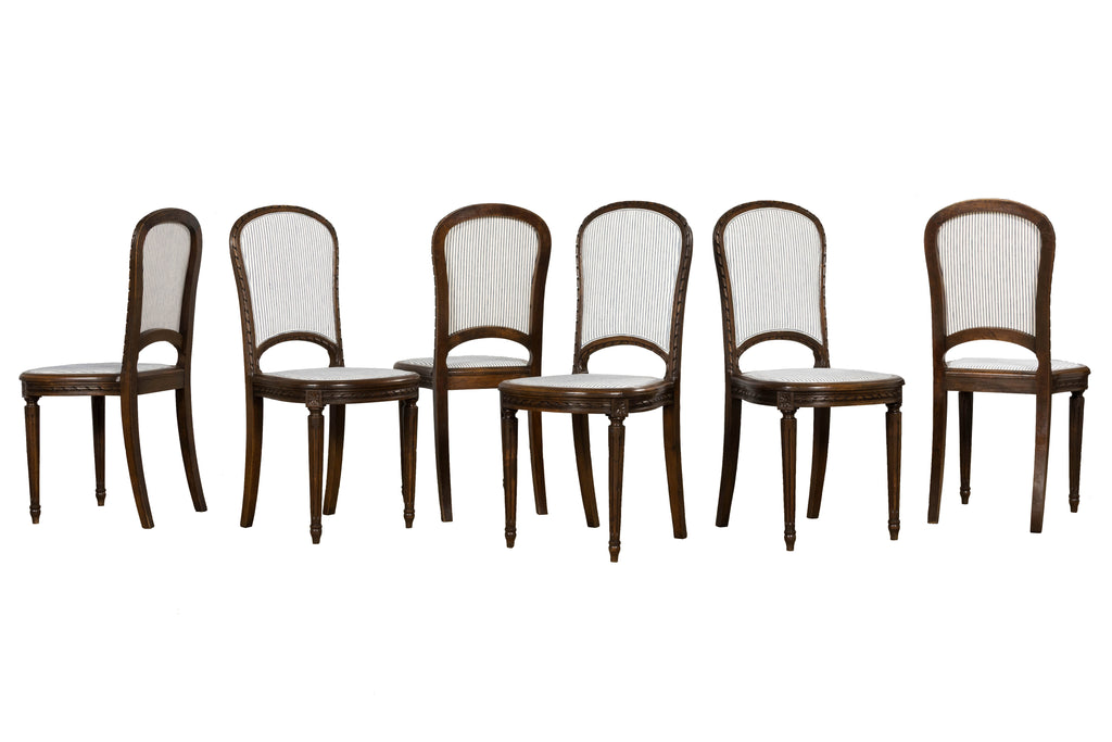 French Louis XVI Style Walnut Dining Chairs, Blue Striped Linen Upholstery – Set of 6