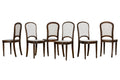 French Louis XVI Style Walnut Dining Chairs, Blue Striped Linen Upholstery – Set of 6