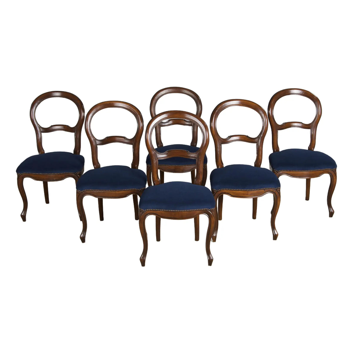 French Louis XV Style Balloon Back Maple Dining Chairs W/ Blue Velvet - Set of 6