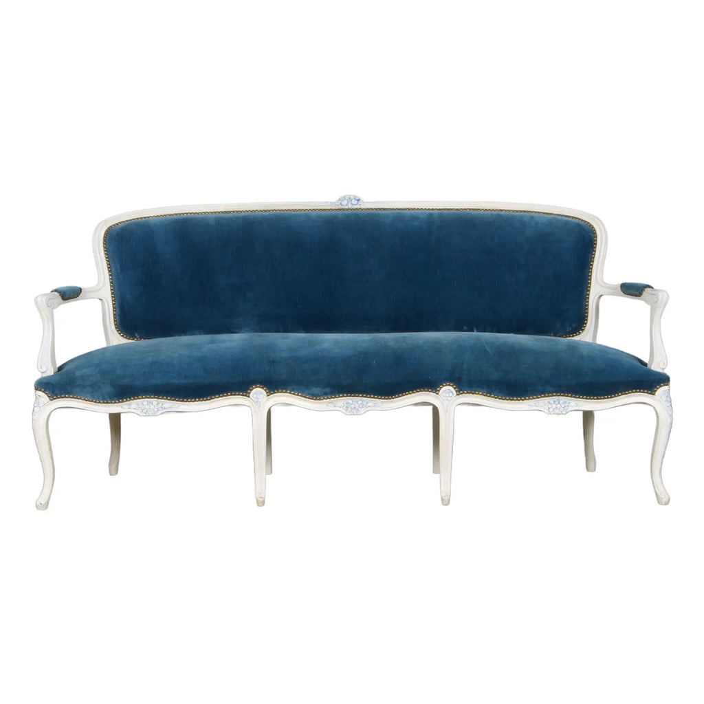 French Louis XV Style Painted Settee in Blue Velvet
