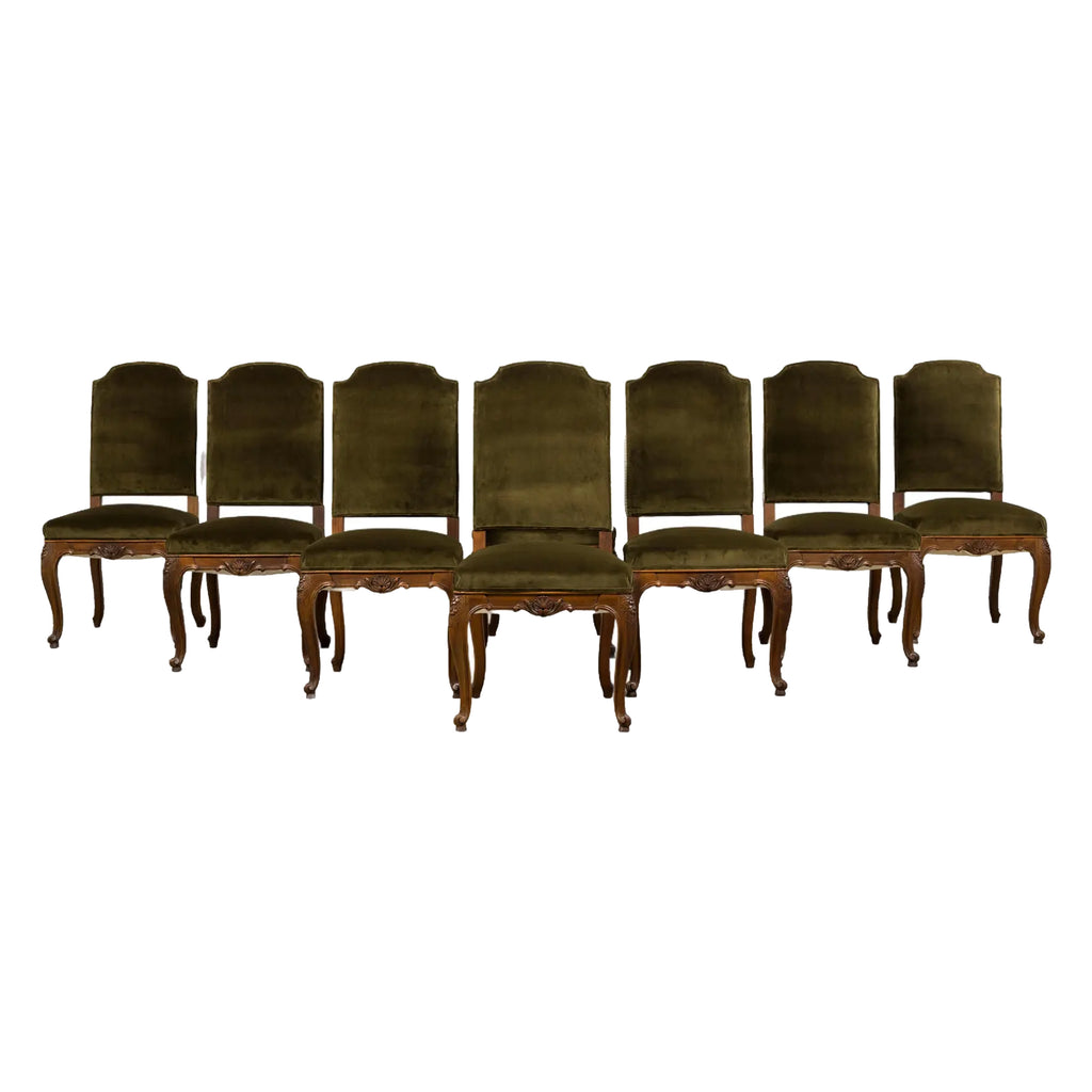 French Louis XV Style Walnut Dining Chairs in Olive Green Velvet - Set of 8