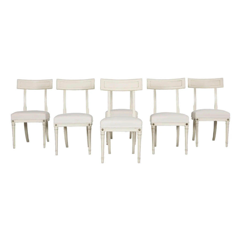 French Neoclassical Painted Dining Chairs in Off-White Velvet - Set of 6 by Maurice Hirsch