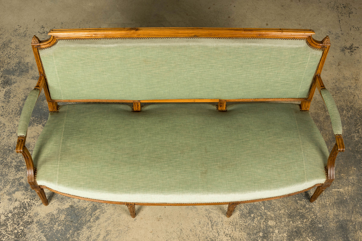 18th Century French Louis XVI Walnut Settee with Celadon Velvet