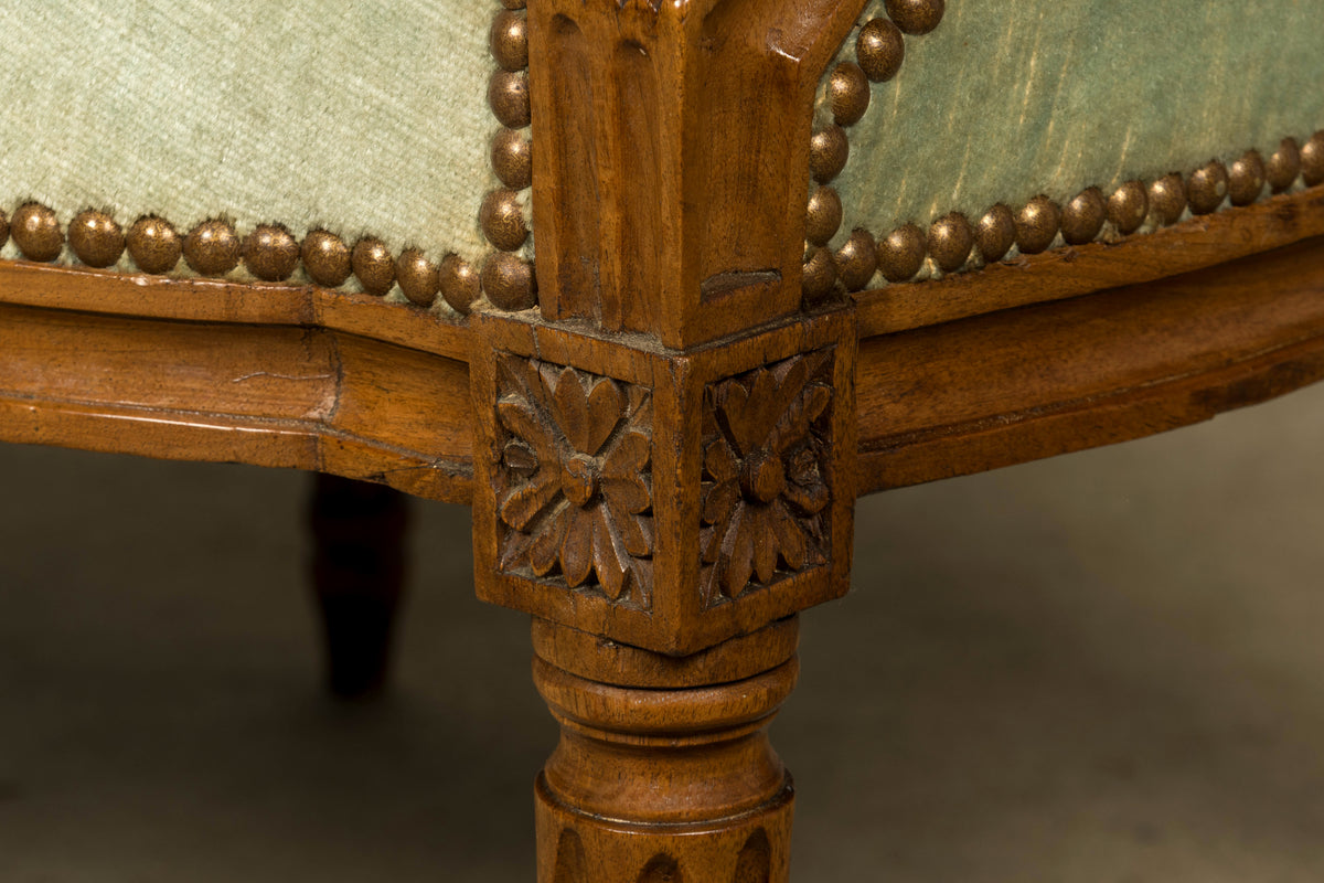 18th Century French Louis XVI Walnut Settee with Celadon Velvet