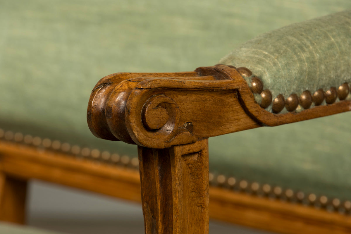 18th Century French Louis XVI Walnut Settee with Celadon Velvet