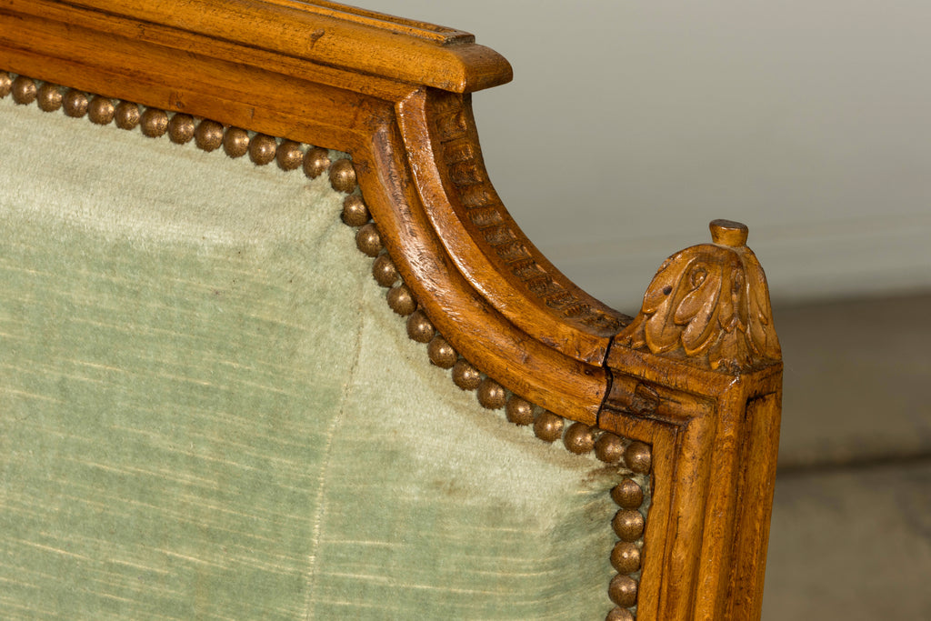 18th Century French Louis XVI Walnut Settee with Celadon Velvet