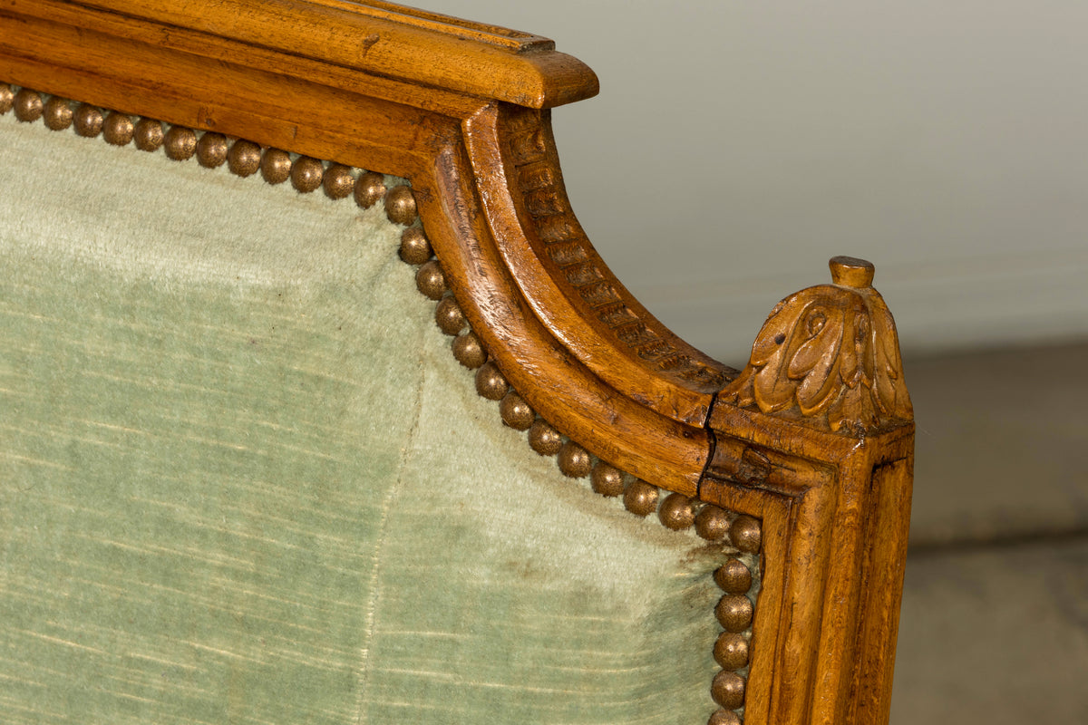 18th Century French Louis XVI Walnut Settee with Celadon Velvet