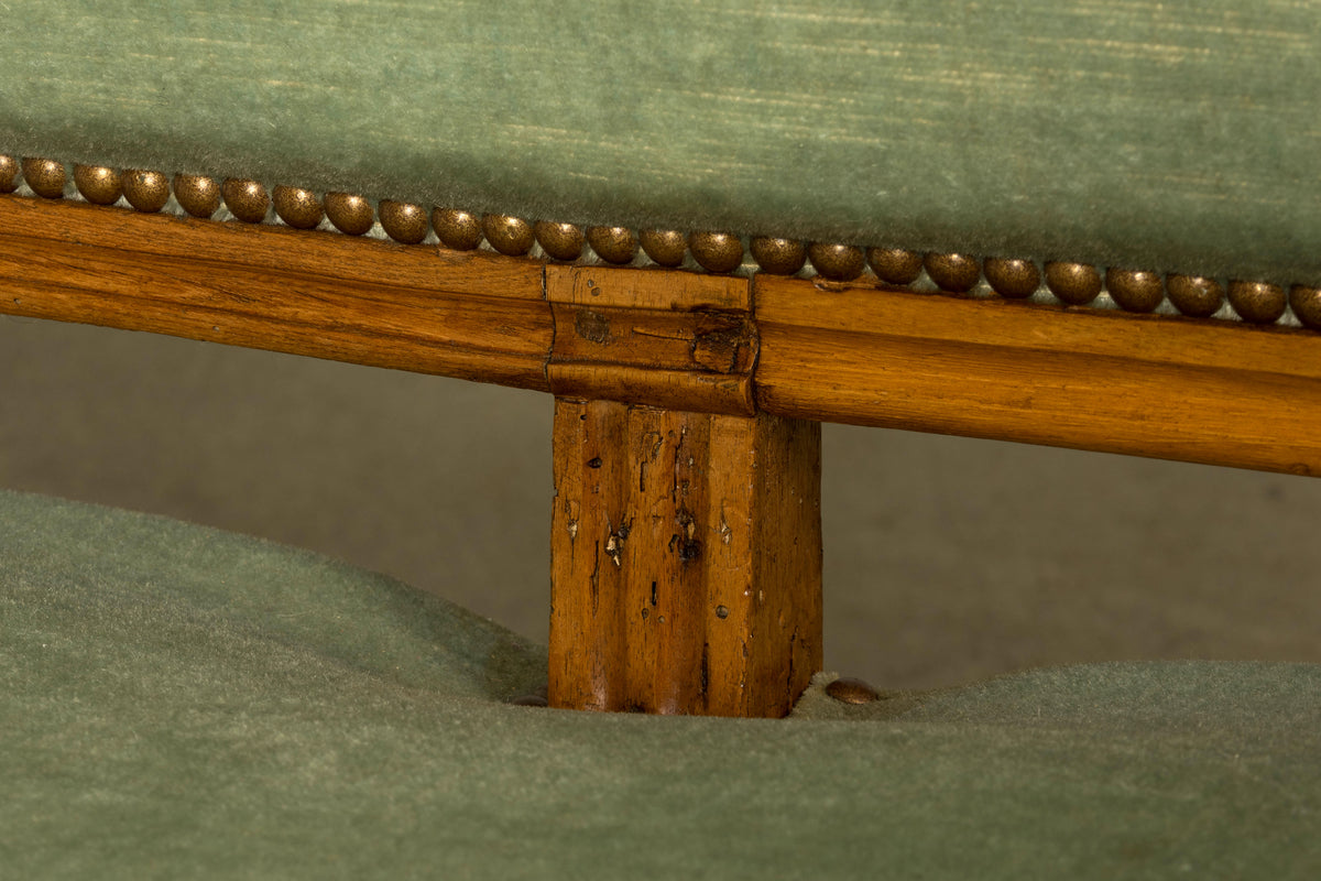 18th Century French Louis XVI Walnut Settee with Celadon Velvet